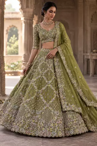 olive green Embroidery Sequins With Cancan Net Lehenga Choli Set