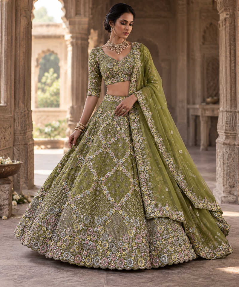 olive green Embroidery Sequins With Cancan Net Lehenga Choli Set