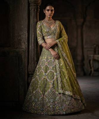 olive green Embroidery Sequins With Cancan Net Lehenga Choli Set 2