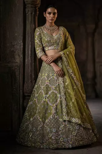 olive green Embroidery Sequins With Cancan Net Lehenga Choli Set