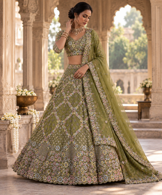 olive green Embroidery Sequins With Cancan Net Lehenga Choli Set 2