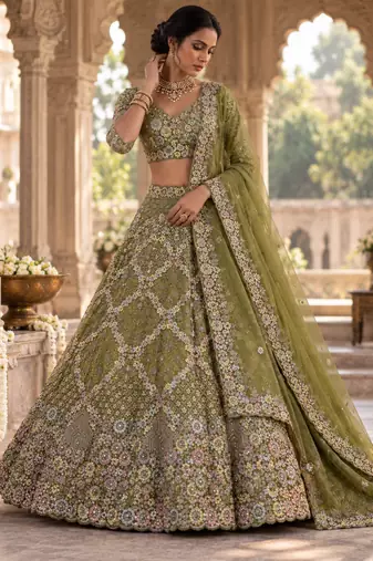 olive green Embroidery Sequins With Cancan Net Lehenga Choli Set