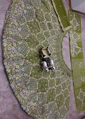 olive green Embroidery Sequins With Cancan Net Lehenga Choli Set 3