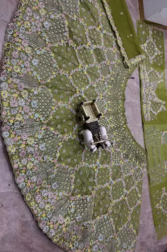 olive green Embroidery Sequins With Cancan Net Lehenga Choli Set