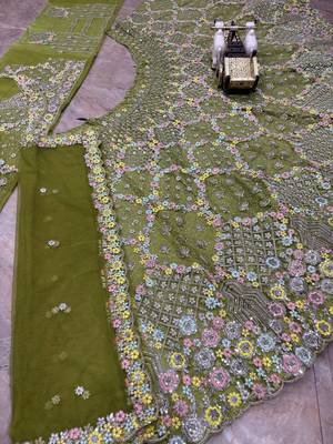 olive green Embroidery Sequins With Cancan Net Lehenga Choli Set 4