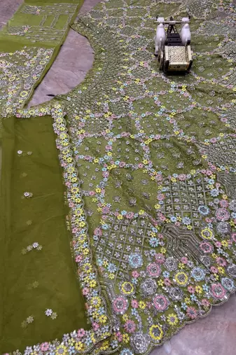 olive green Embroidery Sequins With Cancan Net Lehenga Choli Set