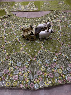 olive green Embroidery Sequins With Cancan Net Lehenga Choli Set 5