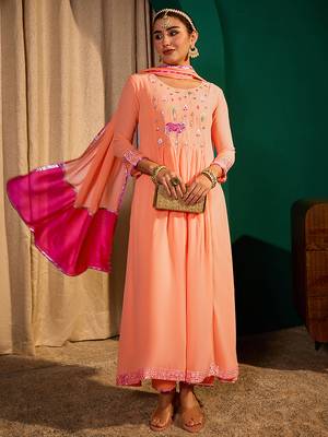 Embroidery Georgette Fabric Flared Kurta Pant and Dupatta Set 1