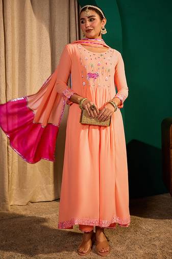 Embroidery Georgette Fabric Flared Kurta Pant and Dupatta Set