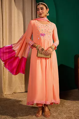 Embroidery Georgette Fabric Flared Kurta Pant and Dupatta Set