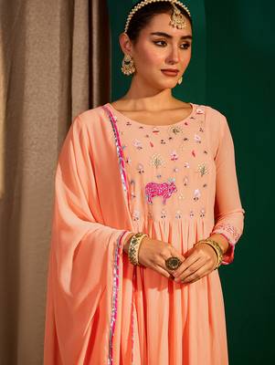 Embroidery Georgette Fabric Flared Kurta Pant and Dupatta Set 2