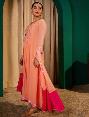 Embroidery Georgette Fabric Flared Kurta Pant and Dupatta Set 3