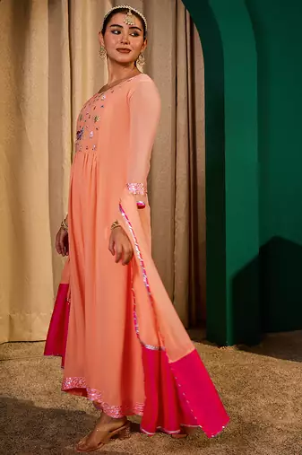 Embroidery Georgette Fabric Flared Kurta Pant and Dupatta Set