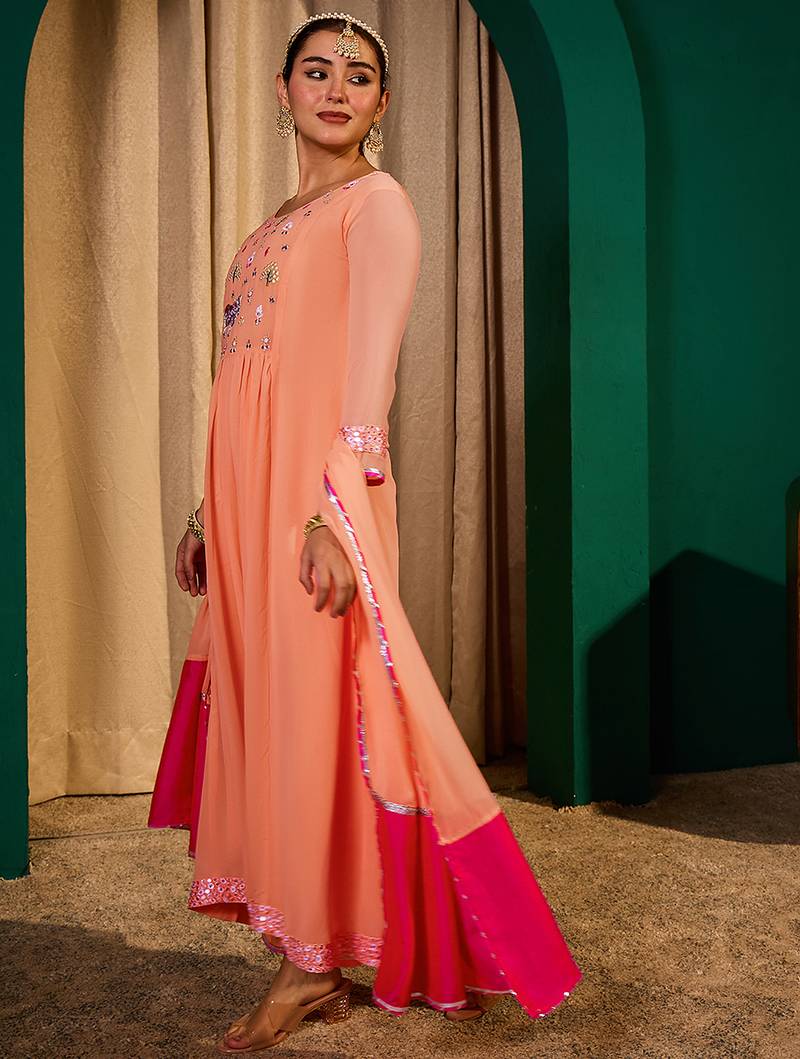 Embroidery Georgette Fabric Flared Kurta Pant and Dupatta Set