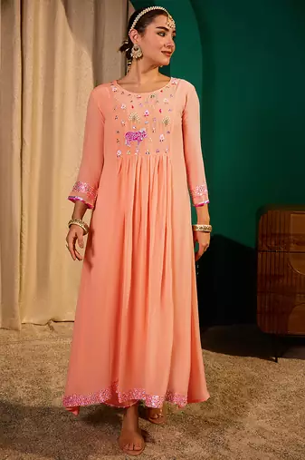 Embroidery Georgette Fabric Flared Kurta Pant and Dupatta Set