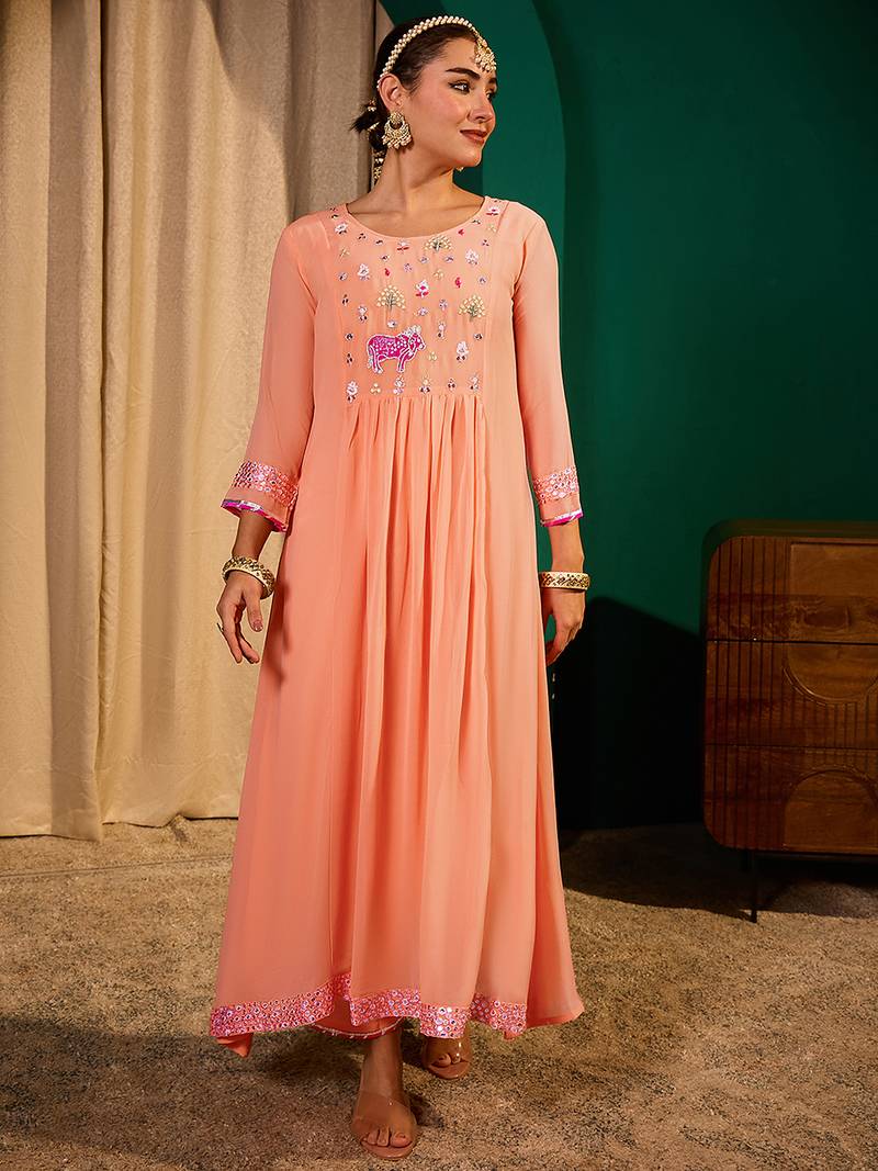 Embroidery Georgette Fabric Flared Kurta Pant and Dupatta Set