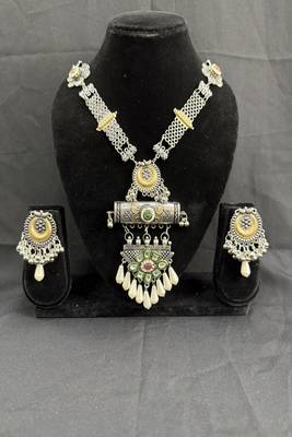 Oxidised Silver Tribal Necklace Set with Multicolor Stone Pendant & Pearl Drops, Navratri Jewellery Set for Women 1