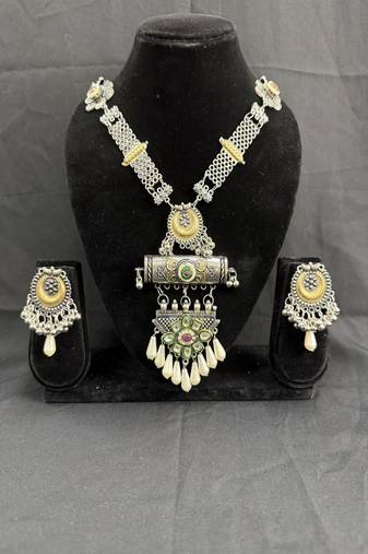 Oxidised Silver Tribal Necklace Set with Multicolor Stone Pendant & Pearl Drops, Navratri Jewellery Set for Women