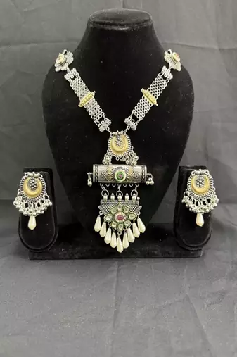 Oxidised Silver Tribal Necklace Set with Multicolor Stone Pendant & Pearl Drops, Navratri Jewellery Set for Women