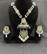 Oxidised Silver Tribal Necklace Set with Multicolor Stone Pendant & Pearl Drops, Navratri Jewellery Set for Women