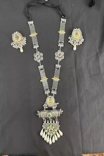 Oxidised Silver Tribal Necklace Set with Multicolor Stone Pendant & Pearl Drops, Navratri Jewellery Set for Women