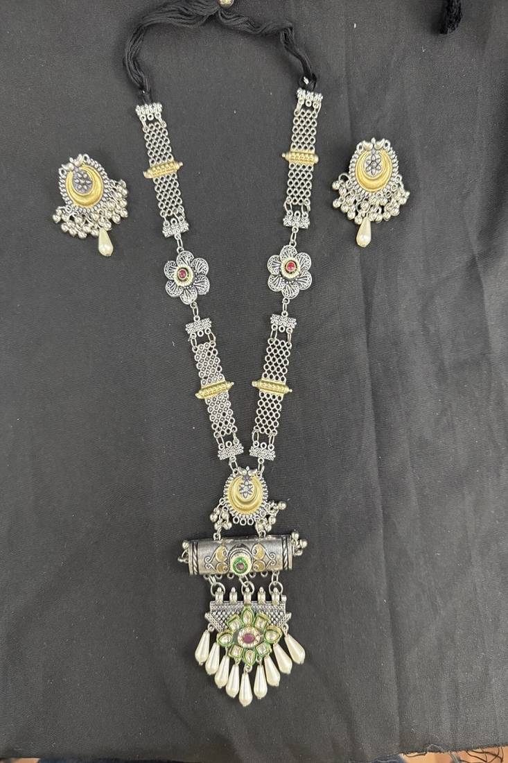 Oxidised Silver Tribal Necklace Set with Multicolor Stone Pendant & Pearl Drops, Navratri Jewellery Set for Women