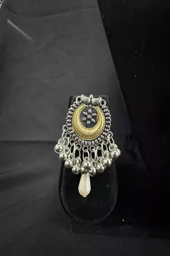 Oxidised Silver Tribal Necklace Set with Multicolor Stone Pendant & Pearl Drops, Navratri Jewellery Set for Women
