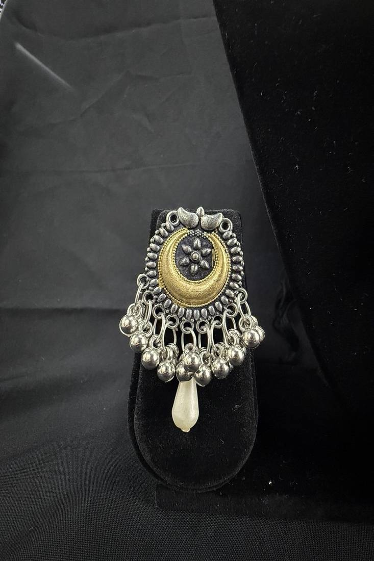 Oxidised Silver Tribal Necklace Set with Multicolor Stone Pendant & Pearl Drops, Navratri Jewellery Set for Women