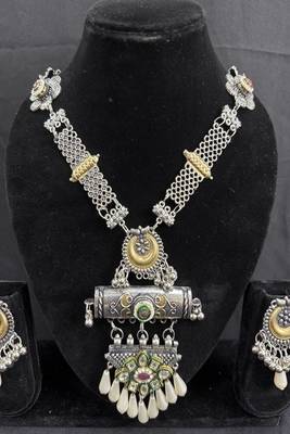Oxidised Silver Tribal Necklace Set with Multicolor Stone Pendant & Pearl Drops, Navratri Jewellery Set for Women 4