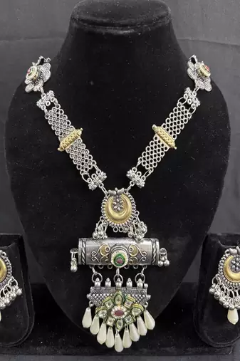 Oxidised Silver Tribal Necklace Set with Multicolor Stone Pendant & Pearl Drops, Navratri Jewellery Set for Women