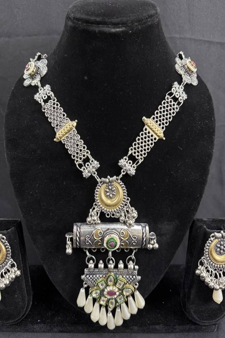 Oxidised Silver Tribal Necklace Set with Multicolor Stone Pendant & Pearl Drops, Navratri Jewellery Set for Women