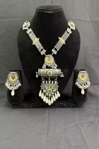 Oxidised Silver Tribal Necklace Set with Multicolor Stone Pendant & Pearl Drops, Navratri Jewellery Set for Women