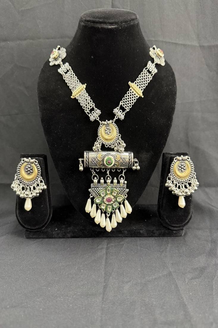 Oxidised Silver Tribal Necklace Set with Multicolor Stone Pendant & Pearl Drops, Navratri Jewellery Set for Women