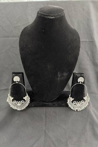 Oxidised Silver Peacock Chandbali Earrings for Women, Traditional Tribal Statement Earrings for Navratri Garba Festival