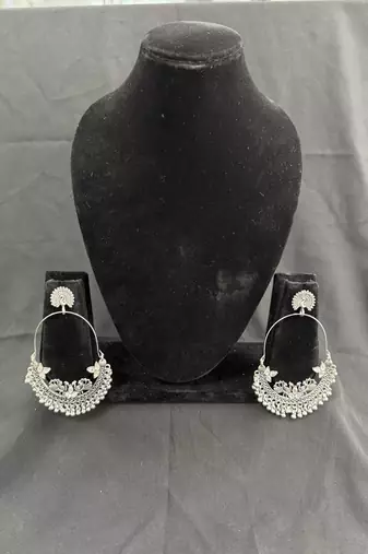Oxidised Silver Peacock Chandbali Earrings for Women, Traditional Tribal Statement Earrings for Navratri Garba Festival