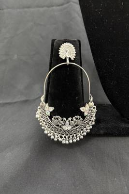 Oxidised Silver Peacock Chandbali Earrings for Women, Traditional Tribal Statement Earrings for Navratri Garba Festival 2