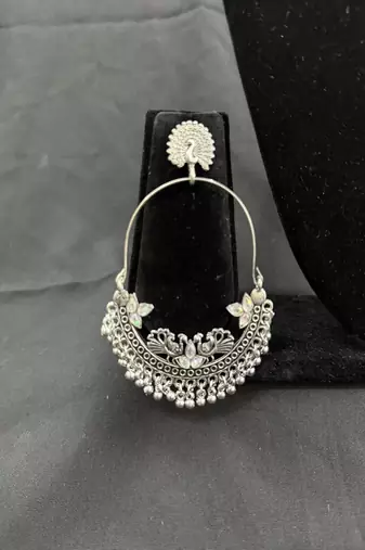 Oxidised Silver Peacock Chandbali Earrings for Women, Traditional Tribal Statement Earrings for Navratri Garba Festival