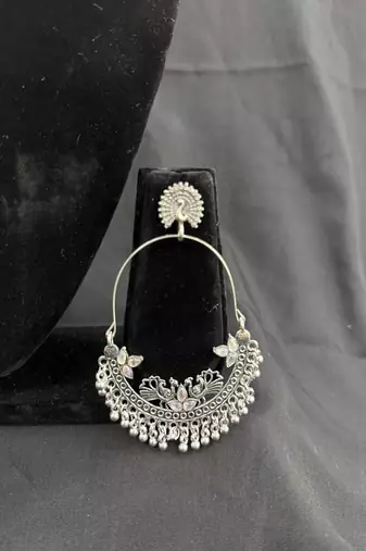 Oxidised Silver Peacock Chandbali Earrings for Women, Traditional Tribal Statement Earrings for Navratri Garba Festival