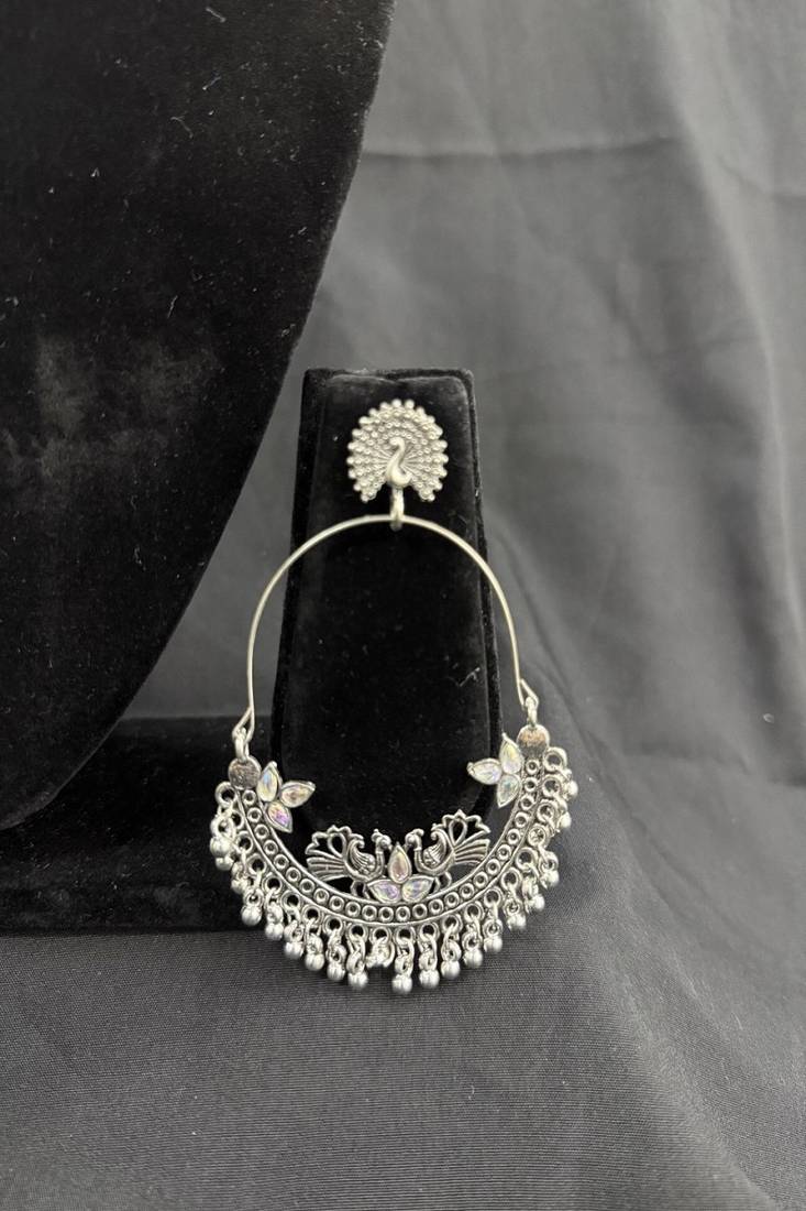 Oxidised Silver Peacock Chandbali Earrings for Women, Traditional Tribal Statement Earrings for Navratri Garba Festival