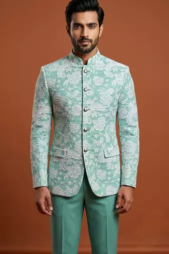 Turquoise thread work bandhgala on jacquard
