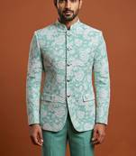 Turquoise thread work bandhgala on jacquard
