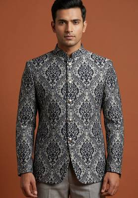 Grey printed bandhgala on jacquard fabric 1