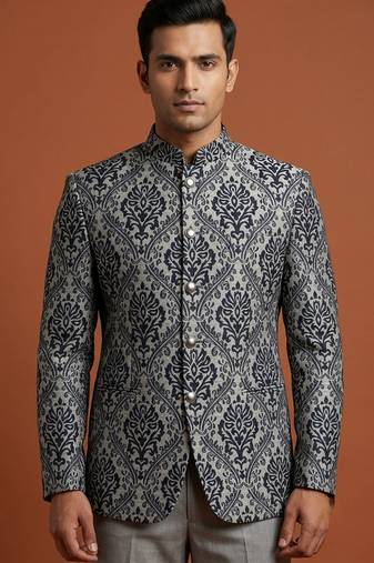 Grey printed bandhgala on jacquard fabric