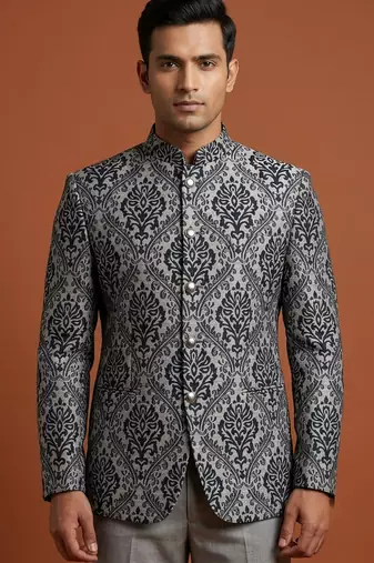 Grey printed bandhgala on jacquard fabric