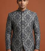 Grey printed bandhgala on jacquard fabric