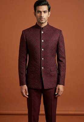 Maroon thread work bandhgala on jacquard 1