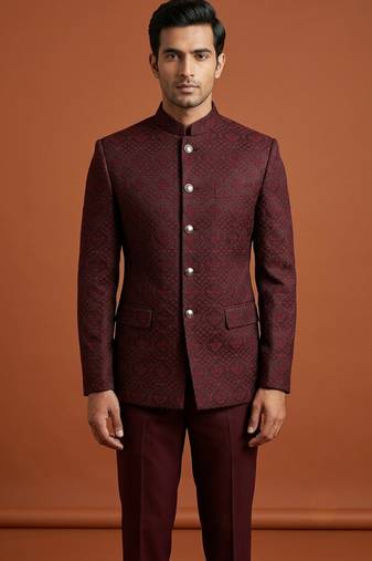 Maroon thread work bandhgala on jacquard