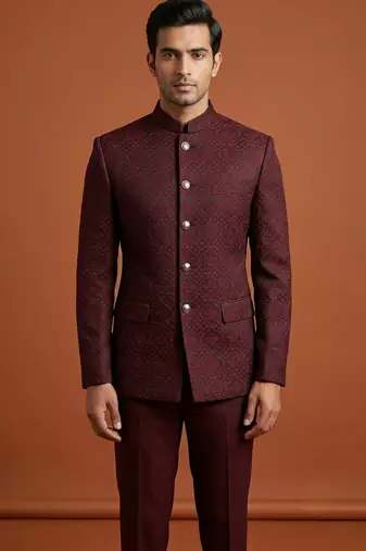 Maroon thread work bandhgala on jacquard
