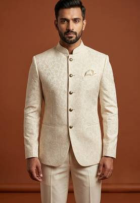 Ivory thread work bandhgala on jacquard fabric 1