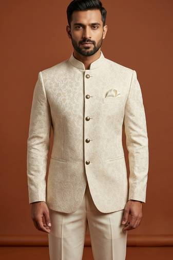 Ivory thread work bandhgala on jacquard fabric